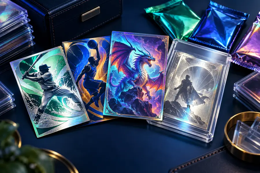 Illustration of sports cards, a fantasy card, a slab and foil packs on a collector’s desk